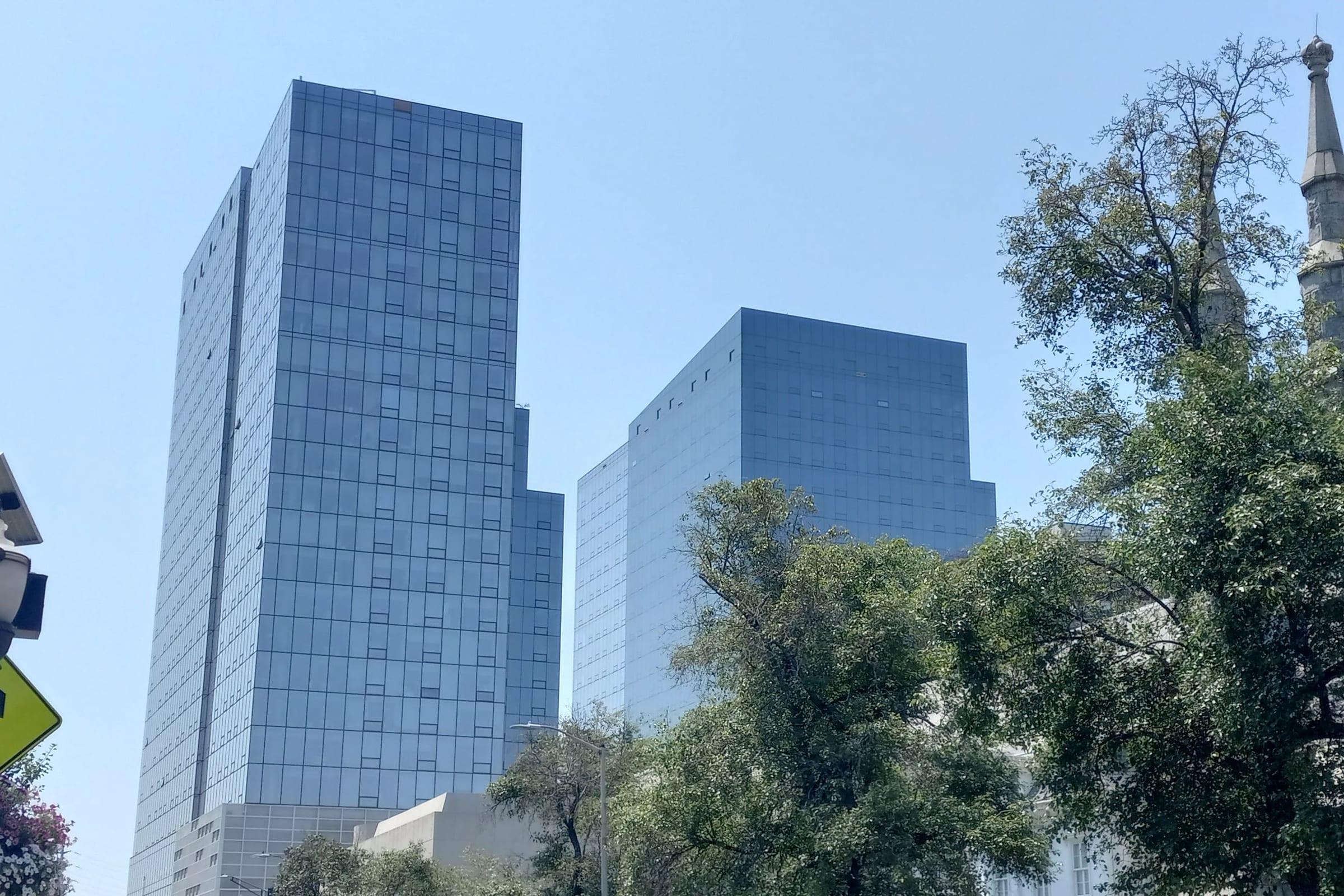 Both Atlantic Station towers rising above the Stamford skyline