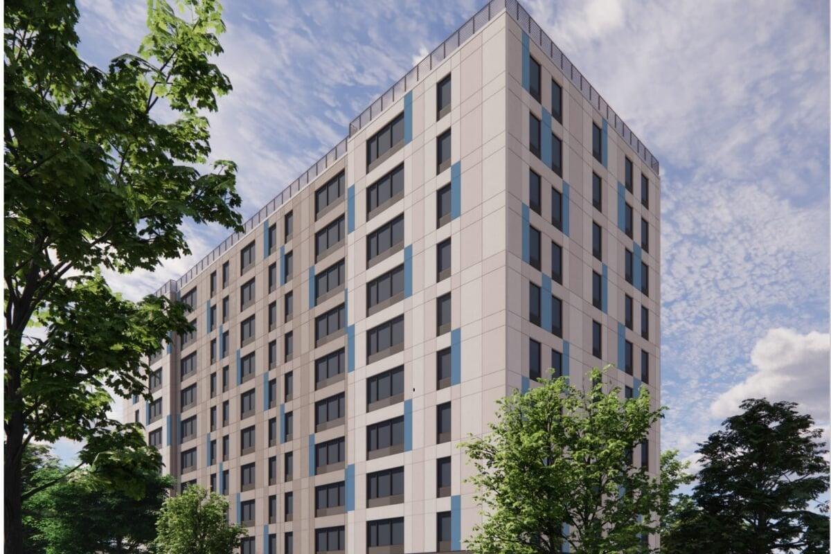 Rendering of the renovated Franklin Towers facade with new windows and blue accent panels