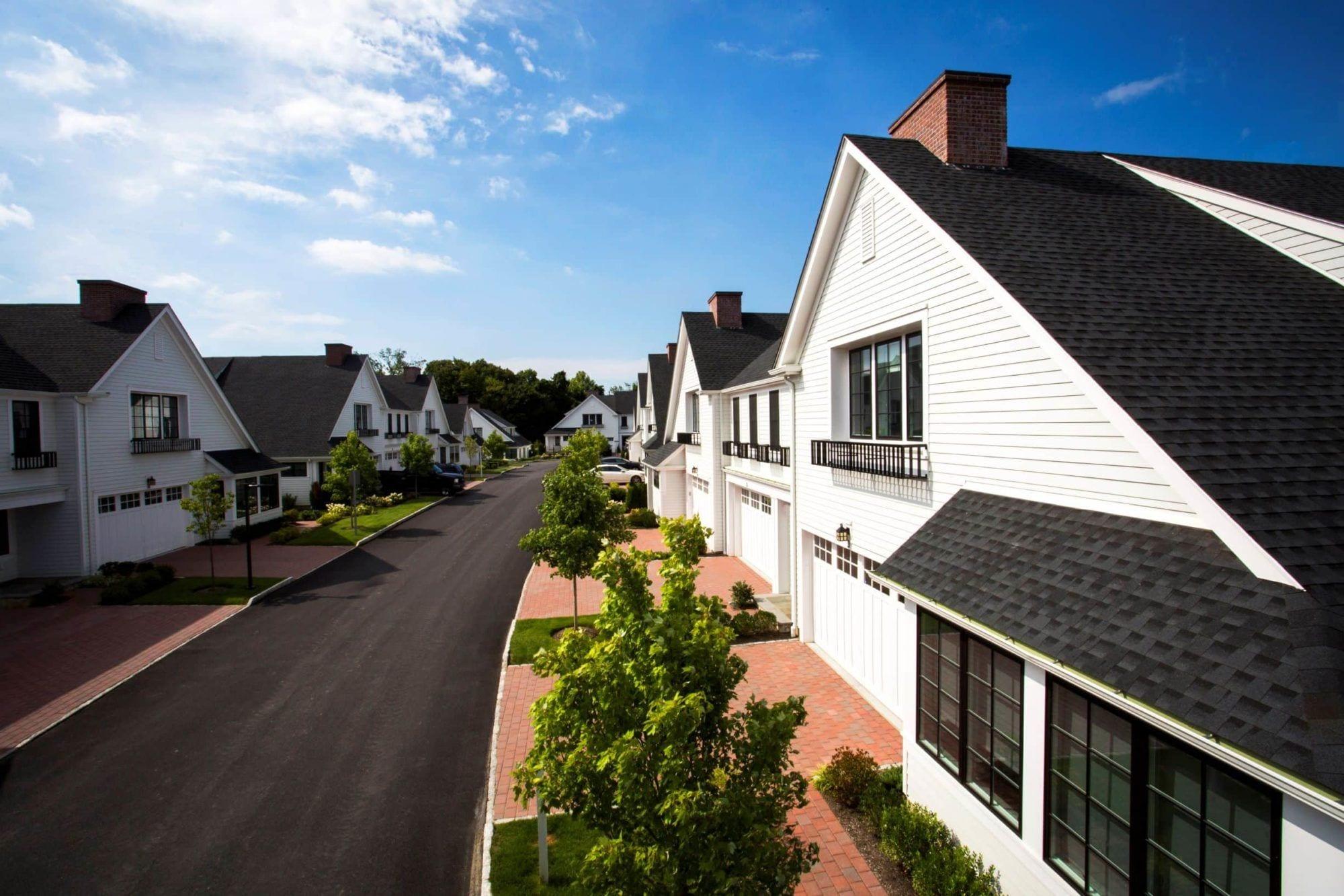 Elevated view along a street of Kingfield townhomes