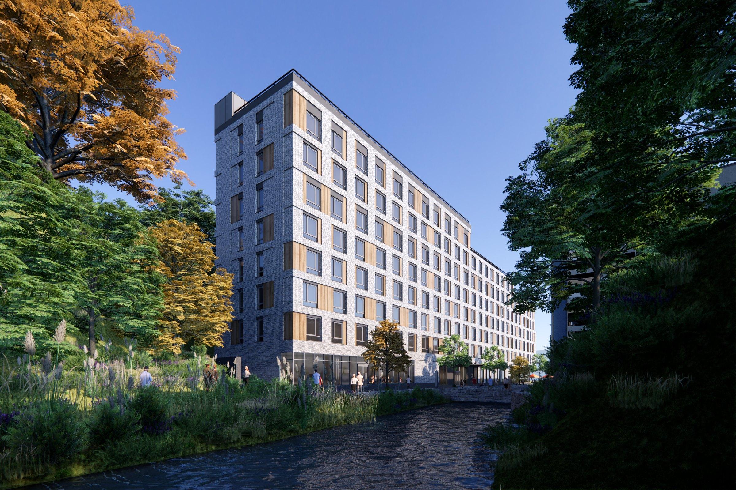 Rendering of the Station Plaza building rising beside the Sing Sing Kill