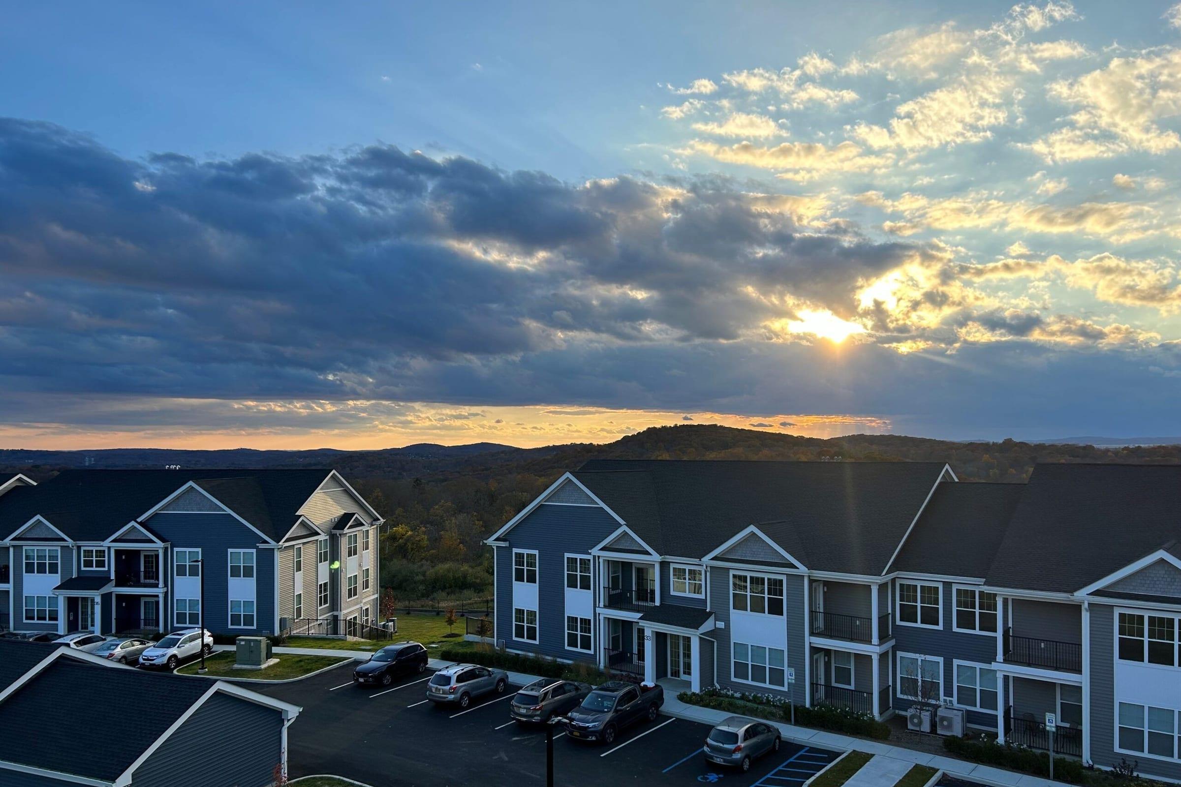 Elevated view across the Westview buildings at sunset